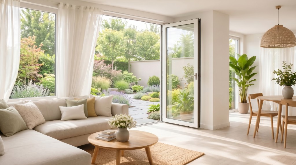 Spacious living room with patio doors open to a flourishing garden