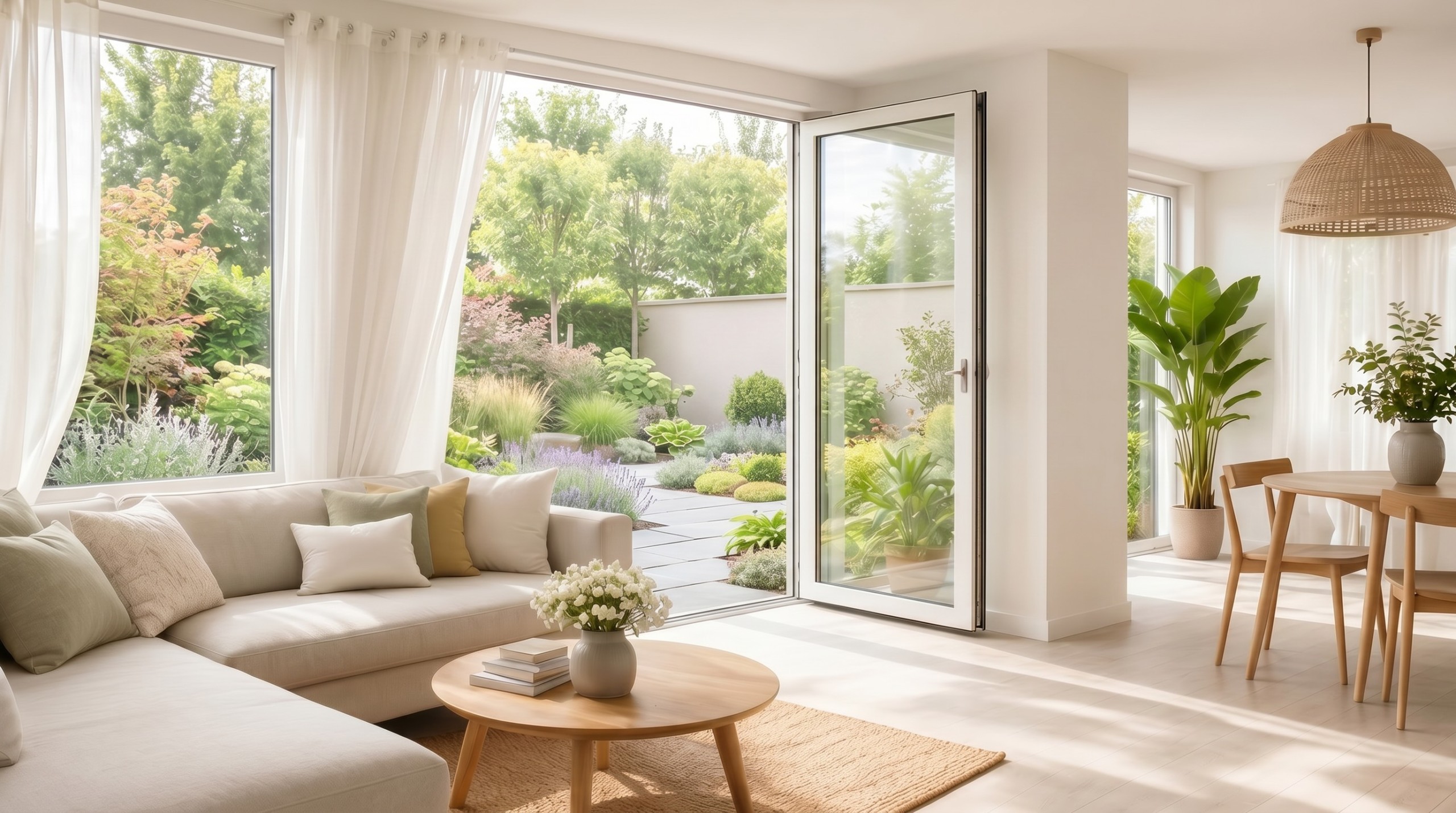 Spacious living room with patio doors open to a flourishing garden